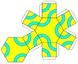 3D-Objekt aus 6-Ecken und 4-Ecken parkettiert mit blauen Bändern