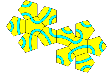 Parkettierung mit endlosen blauen Bändern auf 3D-Objekten: Dodekaeder