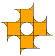 Fliesen mit aufgesetzten Kreisbögen/Dreiecken und ihre Komplemente als Quadrate geschnitten