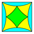 Quadrat mit Viertelkreisen, Kreisbögen teilweise umgekehrt