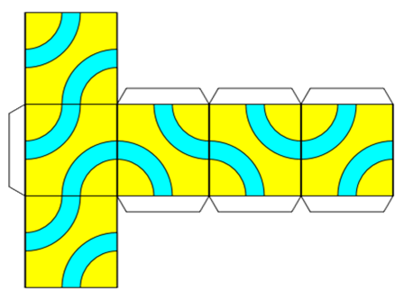 Würfel-Netz parkettiert mit Quadraten mit blauen Bändern